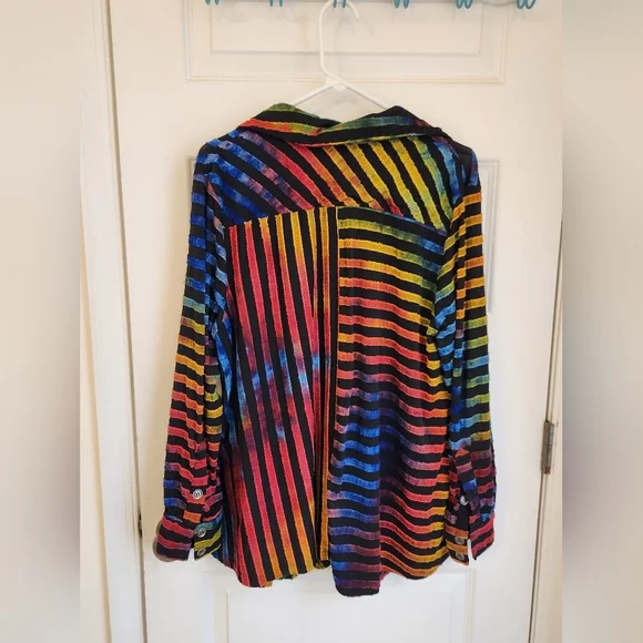 Womens Calessa Long Sleeve Multicolor Rainbow Blouse Zebra Size L Pockets #P837 - Picture 4 of 7